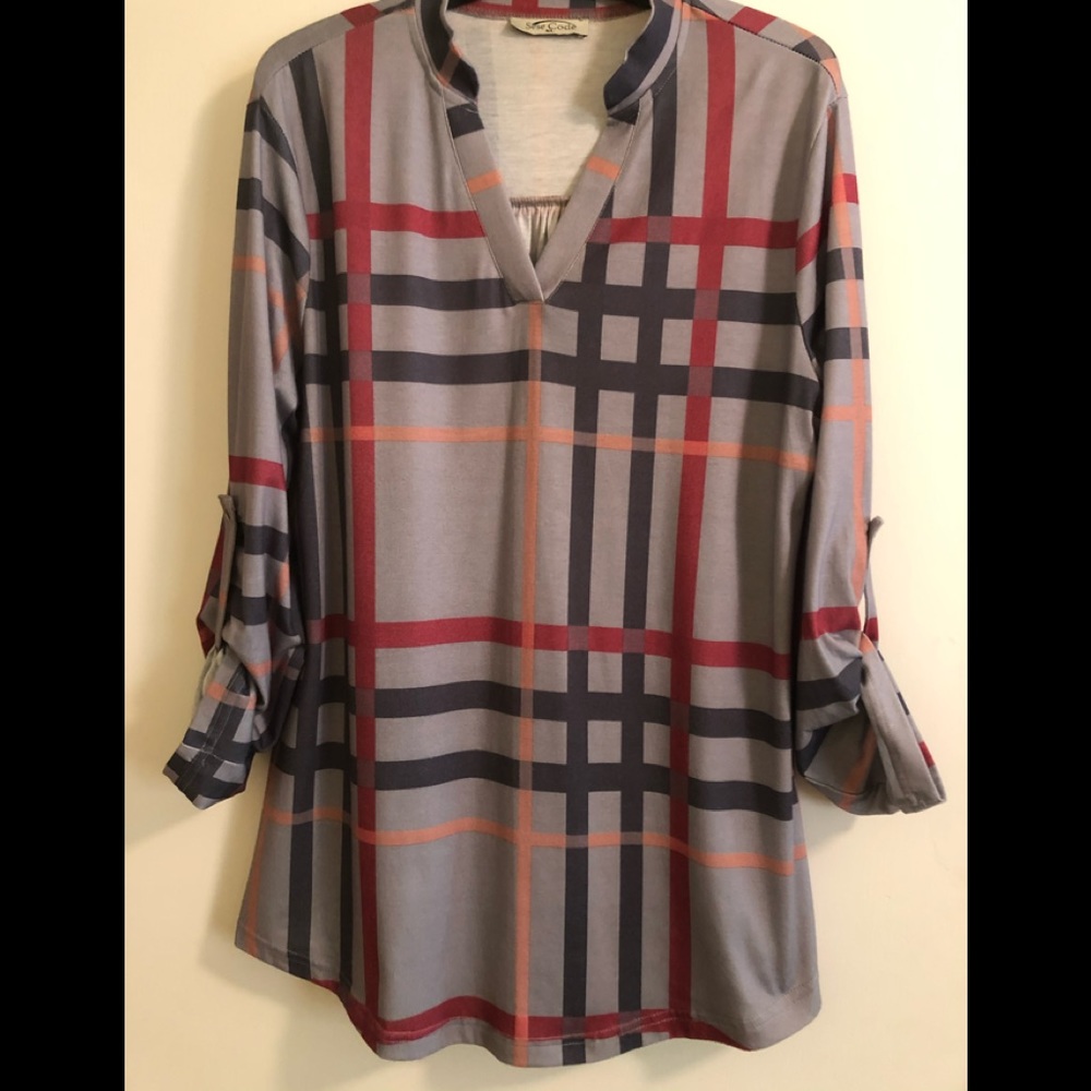 Womens Blouse Tunic Style Blue Plaid Pattern XL